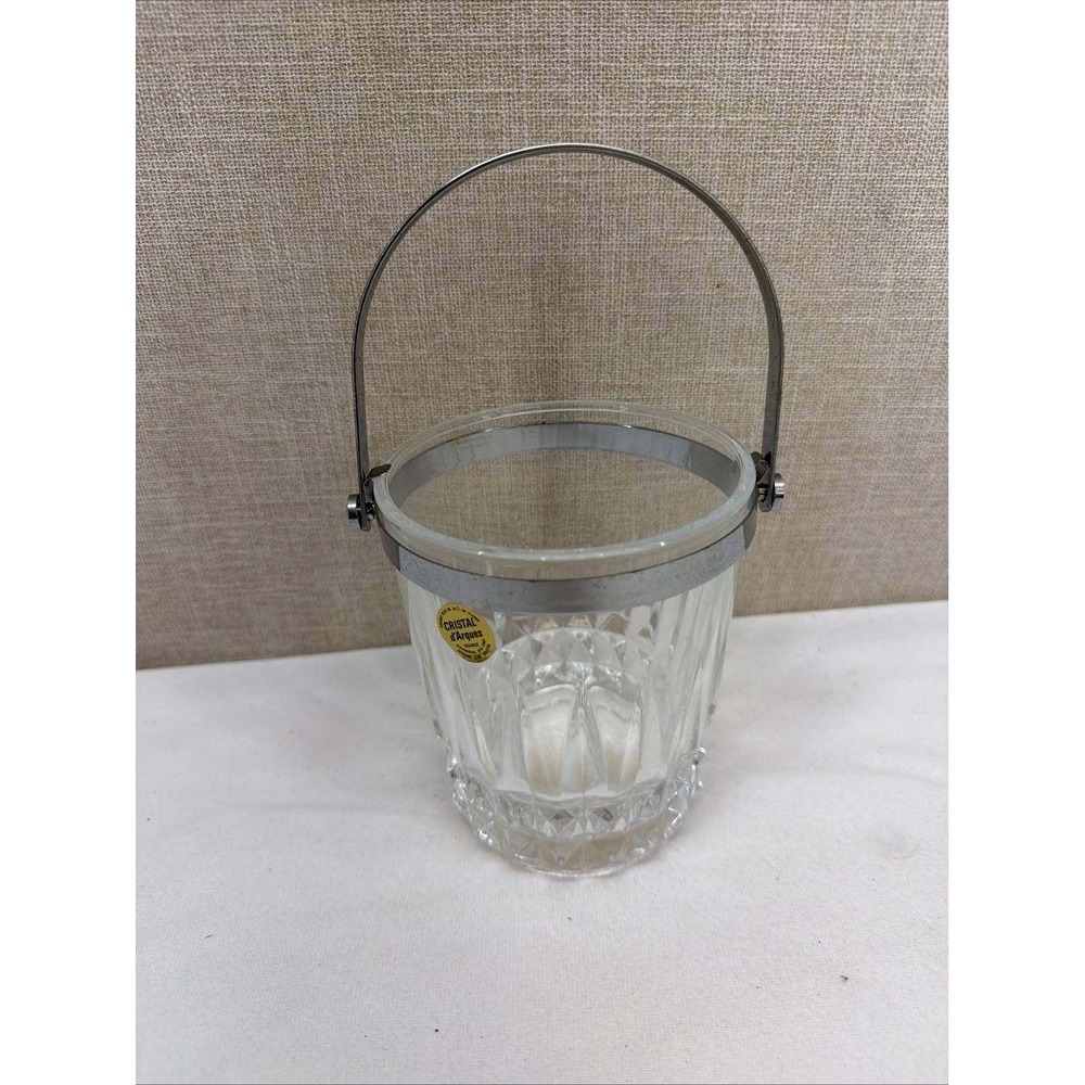 Cristal d Arques France Lead Crystal Ice Bucket Silver Handle Diamond Cut 5in